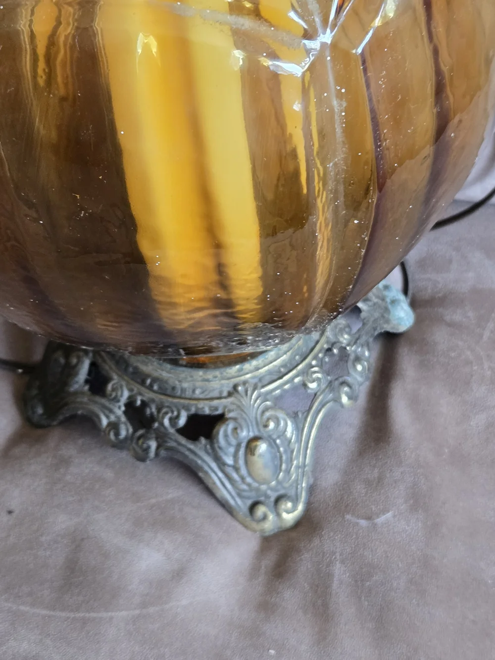 Amber Glass Table Lamp with Ornate Metal Base - Brand Unspecified